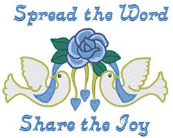 Two blue doves hold a light blue rose among lush green leaves, capturing a whimsical spring theme.