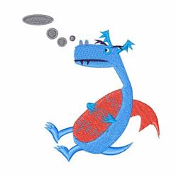 Playful cartoon dragon with a blue body and red belly, surrounded by bubbles.