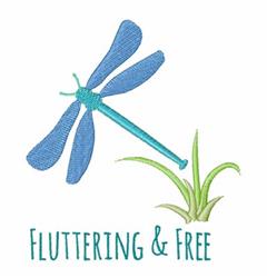 Whimsical blue dragonfly with detailed wings above vibrant green grass, text reads 'Fluttering & Free'.