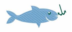 Playful blue fish with textured pattern smiling beside a green fishing hook, perfect for kids' decor.