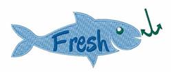 Playful blue fish with fabric-like texture and bold 'Fresh' text, alongside a cheerful green hook.