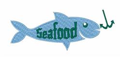 Playful blue fish with green 'seafood' text and a whimsical hook near its tail, perfect for kitchen items.