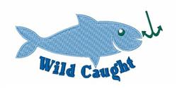 Playful blue fish with a cheerful expression and a green hook above, featuring 'Wild Caught' text in vibrant embroidery.