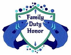 Vibrant blue fish surround a shield with 'Family Duty Honor' text, featuring decorative details in lighter shades.