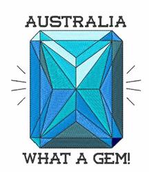 Blue gemstone design with geometric shapes, featuring vibrant blue tones and bold text 'AUSTRALIA' and 'WHAT A GEM!'.