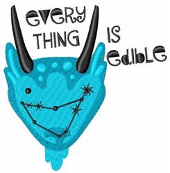 Playful blue goat head with black horns and vibrant letters saying 'EVERYTHING IS EDIBLE'.
