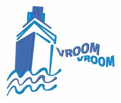 Playful blue house surrounded by whimsical waves, featuring the text 'VROOM VROOM' in a cartoon style.