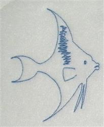 Playful fish outlined in blue thread with a curved body and elongated fins in minimalist style.