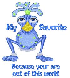 Cartoon blue creature with quirky expression and antennae, surrounded by playful text in a whimsical style.