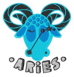 Playful blue ram's head with swirling black horns and stitched 'ARIES' text, perfect for a birthday theme.