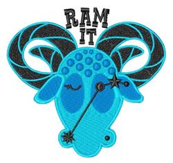 Stylized blue ram head with spiraled horns and playful closed eyes, featuring bold 'RAM IT' text.