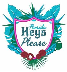 Blue shield with text 'Florida Keys Please' surrounded by tropical leaves and red flowers, vibrant vacation theme.