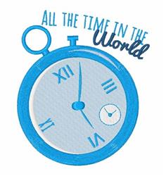 Blue stopwatch with Roman numeral clock face, whimsical text 'All the time in the World'. Playful modern style.