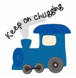 Playful blue train with rounded shape, puffy smoke, and 'Keep on Chugging' text in whimsical font.