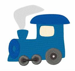 Cartoon blue train with gray smoke and circular wheels, perfect for children's projects.