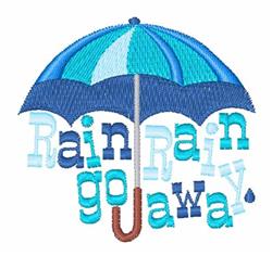 Playful blue umbrella with a striped canopy and colorful text 'Rain Rain go away' for spring-themed embroidery.