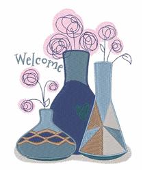 Modern applique design featuring blue vases with pink flowers and welcoming text.