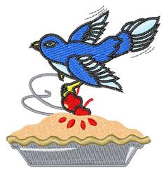 A whimsical bluebird in flight above a golden cherry pie, adorned with vibrant red cherries, evokes spring cheer.