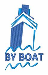 Stylized boat with a blue outline above wavy water. Bold text 'BY BOAT' adds nautical charm in this vibrant design.