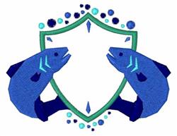 Bold fish with vibrant blue scales flank a green shield, surrounded by playful aqua bubbles.