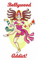 Vibrant Bollywood dancer with colorful ribbons in dynamic pose, showcasing intricate attire and bold 'Bollywood Addict!' text