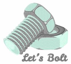 Playful cartoon bolt and nut in soft blue and gray, featuring detailed threads and hexagonal shape, with 'Let's Bolt' text.