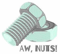 Playful bolt and nut cartoon with soft colors and 'AW, NUTS!' text, perfect for humorous embroidery projects.