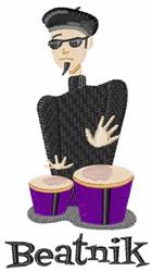 A playful cartoon man in black outfit and sunglasses joyfully plays purple bongos, embodying a vibrant beatnik aesthetic.