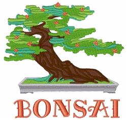 Bonsai tree with vibrant green leaves and textured brown trunk in a gray planter, featuring orange 'BONSAI' text.