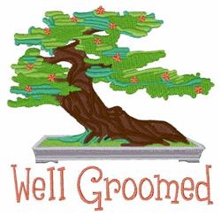 Colorful bonsai tree with lush green leaves and a textured trunk in a decorative pot, featuring 'Well Groomed' in whimsical f