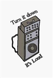 Cartoonish boombox in gray and black with whimsical text 'Turn it down It's Loud', perfect for playful embroidery.