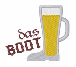 Boot shaped beer glass with golden liquid, outlined in gray, and 'das BOOT' text in burgundy. Playful design.
