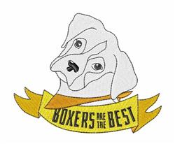Cartoon Boxer dog head with expressive eyes, a yellow ribbon, and bold text 'BOXERS ARE THE BEST!'
