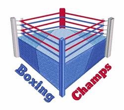 Cartoonish boxing ring with red ropes and a blue mat, featuring 'Boxing Champs' in bold colors.