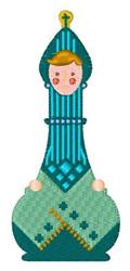 Whimsical decorative figure of a boy in a blue and green striped outfit, featuring a simple, playful facial expression.