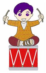 A cheerful boy drummer with purple hair, joyful smile, bright red drum, and orange sweater, perfect for playful decor.