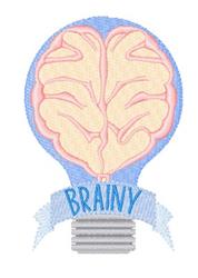Colorful brain inside a light bulb with a playful blue banner reading 'BRAINY' underneath.