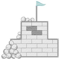 Playful brick wall with a blue flag, surrounded by white snowballs, in a minimalist winter scene.