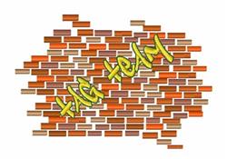 Graffiti art on a red brick wall featuring bold yellow 'TAG TEAM' text against a white background.