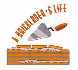 Bricklayer's trowel resting atop a textured brick wall with mortar, featuring bold orange colors and stylized lettering.