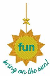 Bright yellow sun with blue 'fun' text and green 'bring on the sun!' below, playful summer design.