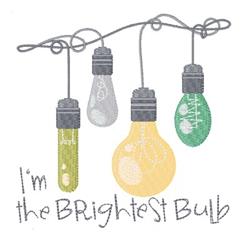Whimsical light bulbs in bright yellow and green with gray string, featuring 'I'm the Brightest Bulb' text.