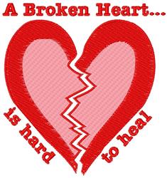 Stylized broken heart with a jagged split in vibrant red and pink shades, framed by whimsical text on a kitchen towel.