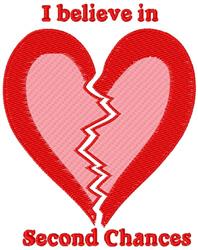 Playful broken heart design in red and pink with zigzag break, featuring bold text 'I believe in' and 'Second Chances'.