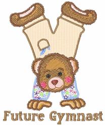 Playful brown bear doing a handstand in light pants and a patterned top, with 'Future Gymnast' text below.
