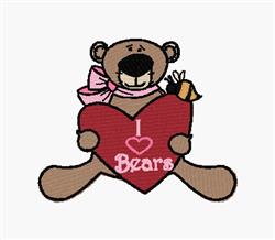Cute brown bear holding a large red heart with 'I love Bears' in pink, adorned with a pink bow and a bee, perfect for Valenti