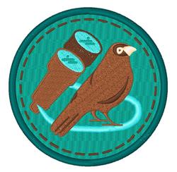 Stylized brown bird beside blue binoculars, featured in a playful design against a vibrant teal background.