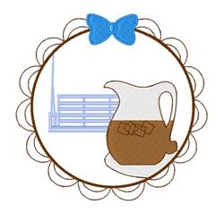 Brown pitcher adorned with a blue bow, set against a light blue geometric window in a whimsical decorative style.