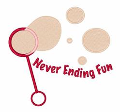 Playful bubble wand with light tan bubbles, featuring 'Never Ending Fun' text in red font, perfect for summer.