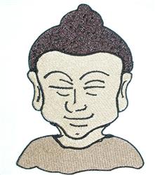 Playful cartoon Buddha face with serene expression, small top knot, beige-brown tones, perfect for embroidery.